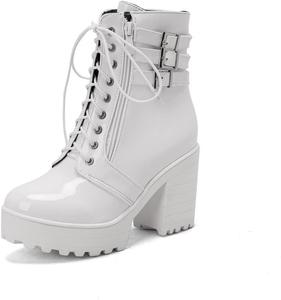 Женские модные ботинки MFairy на платформе с массивным каблуком из лакированной кожи, высокие ботильоны с пряжкой, White