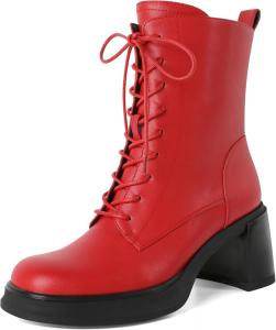 Женские боевые ботинки SAMMITOP на шнуровке, укороченные ботильоны с низким каблуком, массивной платформой, круглым носком и высотой каблука 2,5 дюйма, Red