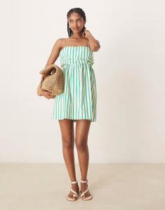 Мини-платье-бандо на пуговицах с присборенным бюстом в сине-желтую полоску Asos Design