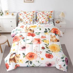 Erosebridal Комплект постельного белья Spring Flower с милыми котиками и ботаническим цветочным принтом, Red Yellow Grey