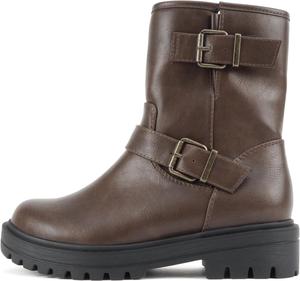Сапожки для женщин Soda “Kicker” с мотоциклетным стилем, закругленным носком, ремешками с пряжками, средней высоты и боковой молнией, Brown Pu