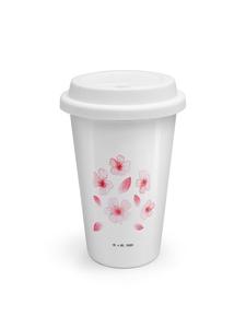 Mr. & Mrs. Panda Белая термокружка с изображением цветущей сакуры и моря, без надписи