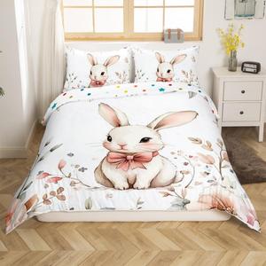Erosebridal Комплект постельного белья Happy Easter с милыми кроликами и цветами, Pink White