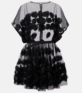 Мини-платье из тюля с цветочной аппликацией и поясом Norma Kamali, черный
