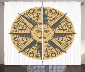 Винтажная штора в деревенском стиле ABAKUHAUS с морской татуировкой, изображением солнца и компаса, присборенная штора для спальни с петлями и крючками, 280 x 225 см, пастельно-фиолетовый, пастельно-коричневый Abakuhaus