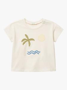 Футболка с аппликацией из хлопка в виде пальмы Benetton, White Cream