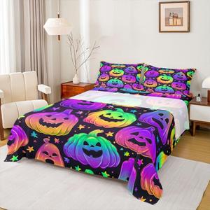 Erosebridal Комплект постельного белья Happy Halloween с психоделическими тыквами и фонарями, готический дизайн с иридисцентными звездами и галактикой, Multi 02