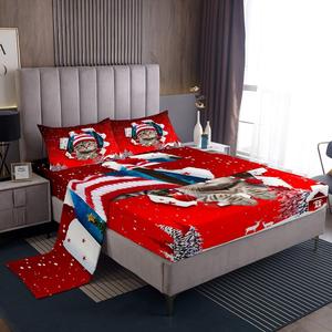 Erosebridal Комплект постельного белья Merry Christmas Cat Sheets с новогодним принтом снежинок и котиков в красно-белой гамме, Red Blue