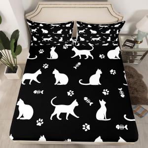 Erosebridal Детский комплект постельного белья White Cat с милыми котиками и лапками, устойчивый к складкам, Black White