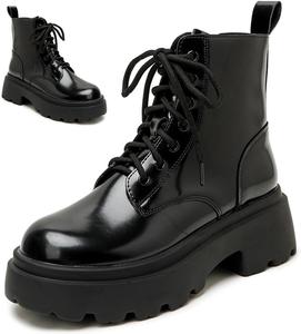 PTNOKA Женские черные ботинки на шнуровке с круглым носком, массивной платформой и противоскользящей подошвой, с боковой молнией, модные мотоциклетные и повседневные ботильоны