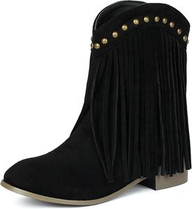 Ковбойские сапоги DINTAHA с кисточками, женские ковбойские сапоги из искусственной замши, низкий каблук, сапоги в западном стиле на пуговицах, Black