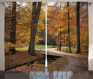 Штора ABAKUHAUS Autumn Rustic, Темный день, лесная тропинка, для спальни, присборенная тесьма с петлями и крючками, 280 x 175 см, цвет: коричневый бархатистый Abakuhaus