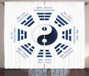Штора в деревенском стиле Инь-Ян от ABAKUHAUS, триграммы И-Цзин, штора для спальни со сборками, петлями и крючками, 280 x 245 см, цвет: темно-синий, белый Abakuhaus