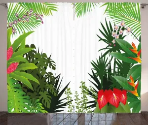 Штора ABAKUHAUS Rustic Leaf, листья гибискуса и антуриума, универсальная ленточная штора для гостиной с петлями и крючками, 280 x 225 см, розовый, белый, зеленый и красный Abakuhaus