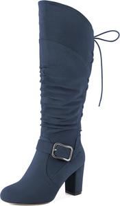 Женские сандалии Zamikoo, свободные ботильоны до колена с круглым носком, массивным каблуком, боковой молнией и металлической пряжкой, высокие повседневные сапоги на каблуке 3,5 дюйма, Suede Navy