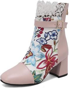 Женские ботильоны MFairy с высоким массивным каблуком, на шнуровке и застежке-молнии, с цветочным принтом, элегантные сапожки, Pink2