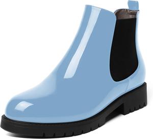 Женские ботинки AMBELIGHT с круглым носком из лакированной кожи, на повседневной плоской подошве, с эластичной массивной низкой танкеткой, ботильоны с высотой каблука 1,5 дюйма, Light Blue Black