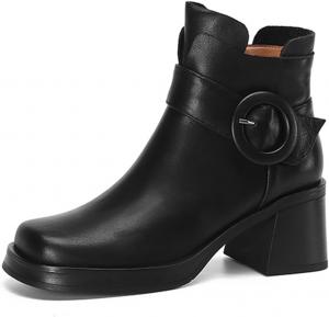 Лоферы для женщин Женские ботинки из натуральной коровьей кожи на щиколотку Ретро с задней пряжкой Мотоциклетные туфли с высокими каблуками для зимы BMLDCWSE, Black