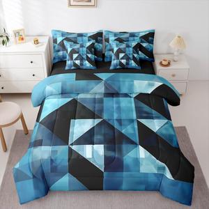 Erosebridal Комплект постельного белья Black Blue Triangles Square с 3D геометрическим узором и абстрактным принтом, включает пододеяльник, простыни и наволочки, современный дизайн для спальни, Black Blue