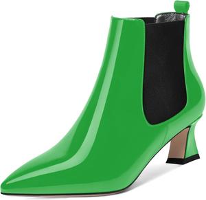 Женские зимние ботильоны AMBELIGHT с острым носком, лакированные, офисного стиля, на низком каблуке-кубике 2 дюйма, с эластичной вставкой, Green