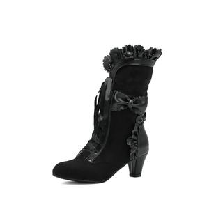Женские черные сапоги HINDOLA до середины икры с шнуровкой, заклепками и бантом, готические ботильоны, вечерние, для косплея и боевые ботинки