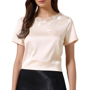 Летняя шелковая атласная блузка с коротким рукавом и цветочным кружевом Inspire Chic, Champagne