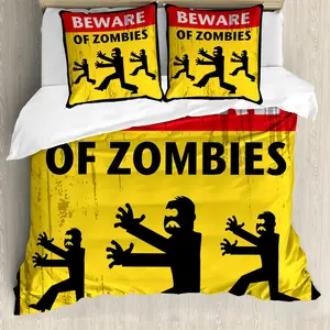 Пододеяльник ABAKUHAUS "Зомби", с юмористическим рисунком, с защитой от клещей, подходит для аллергиков, с наволочками, 200 x 200 см - 80 x 80 см, желтый, черный, красный Abakuhaus
