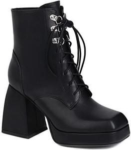 Женские кожаные ботильоны DXSYMJM на платформе с шнуровкой, молнией и толстым высоким каблуком, с теплой подкладкой, Black