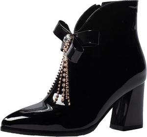 Женские модные ботильоны VOKLIN с бантом, острым носком, на высокой массивной подошве с молнией, западного стиля, Black-Velvet Lined