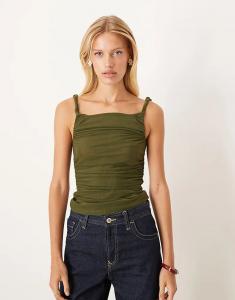 Топ из прозрачной сетки ASOS DESIGN с присборенными боками оливкового цвета