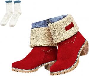 Женские сапоги Dotmalls, противоскользящие зимние сапоги Dotmalls на массивном каблуке для пожилых, теплые зимние ботильоны Dotmalls с плюшевой подкладкой и высоким каблуком Cubicbee, Red