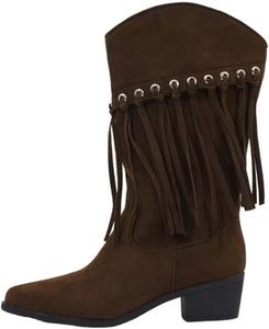 Женские Ботинки с Франтами, Заклепками и Кисточками, Вестерн, Ковбойские, До Середины Голени, На Толстой Низкой Подошве, Однотонные Generic, Brown