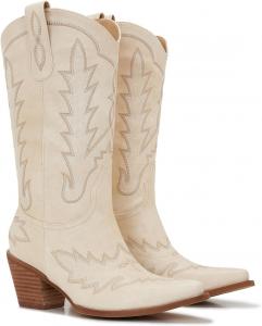 Ковбойские сапоги для женщин - западные сапоги средней длины до икра - заостренный носок - 3-дюймовый массивный деревянный каблук с вышивкой Orlynx, Lvory