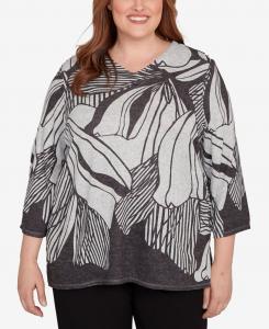 Классический топ больших размеров с абстрактным цветочным принтом и V-образным вырезом Alfred Dunner, Black