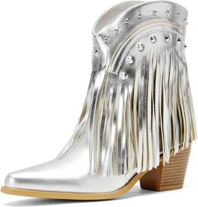 Женские западные ботильоны с острым носком, ковбойские сапожки с бахромой или блестящими стразами, модные короткие ботинки для повседневной носки AIWGLESOLE, Silver