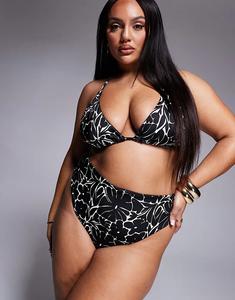 Плавки бикини с завышенной талией и высоким вырезом ASOS DESIGN Curve с однотонным цветочным принтом Asos Curve