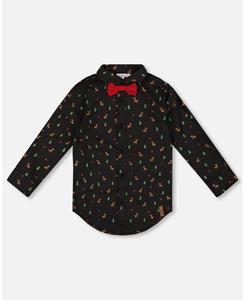 Детская рубашка из поплина с принтом, черная с разноцветными полосками и бабочкой - для мальчика Deux par Deux, Black and multicolor