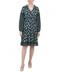 Миниатюрное комбинированное шифоновое платье с длинными рукавами NY Collection