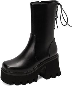 Женские ботильоны Aflngle на платформе с массивным каблуком, шнуровкой сзади, округлый закрытый носок, боковая молния, стиль панк, мотоциклетные готические полусапожки, Black