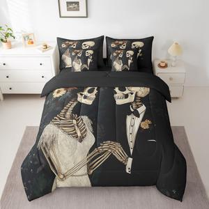 Erosebridal Комплект постельного белья Sugar Skull Full с романтичным принтом скелетов в бело-черной гамме, Black White
