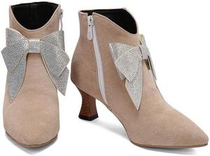 Женские короткие ботинки с острым носком и бантом, элегантные модные западные боевые ботильоны QSPGONA, Beige