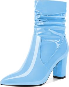 Женские свободные ботильоны Mettesally с высокими массивными каблуками, заостренным носком, боковой молнией, каблук 3,5 дюйма, полусапожки для платья, Patent Light Blue