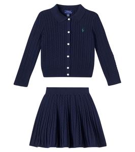 Комплект из хлопкового кардигана и юбки с косичной вязкой Polo Ralph Lauren Kids, Cruise Navy