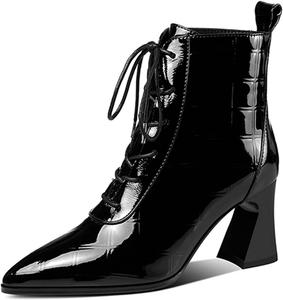 Женские ботильоны TinaCus из лакированной кожи с острым носком, ручной работы, стильный каблук-шпилька, шнуровка, клетчатый узор, большие размеры, Black