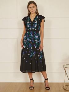 Миди-платье с цветочной вышивкой Yumi, черный/разноцветный