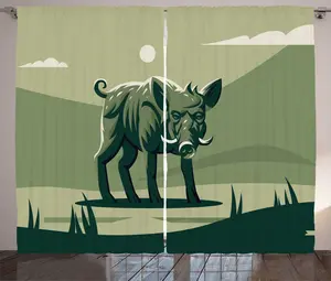 Штора Finnwal Rustic от ABAKUHAUS, абстрактный рисунок дикого кабана, присборенная штора для спальни с петлями и крючками, 280 x 225 см, цвет: бело-зеленый/охотничий зеленый Abakuhaus