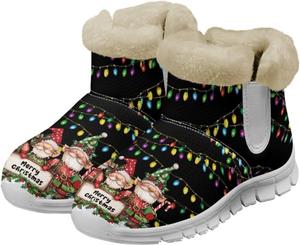 Женские зимние плюшевые ботинки JoyLamoria с яркими грибами, теплые снежные ботинки с антискользящей подошвой, комфортные с меховой подкладкой, грибовидные ботильоны для холодной погоды и прогулок на улице, Christmas Santa Claus Lights
