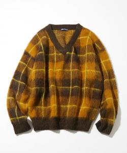 Пуловер из мохера с V-образным вырезом и клетчатым узором, цвет 25AW Nautica, цвет Yellow