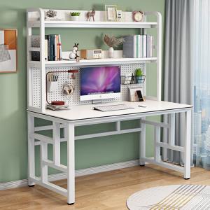 Компьютерный стол Xinmeikai с полками, 140x60x170 см, белая рама + полосатый белый [сетчатая панель]