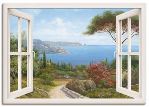 Картина на холсте Artland Fensterblick Haus am Meer, 100x70x2 см, белый